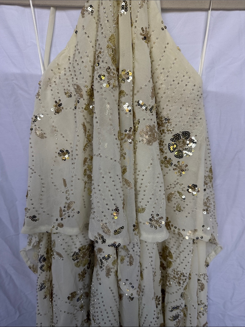 Altar'd State Cream Halter Flowy Dress with Gold Sequins - Picture 4 of 7